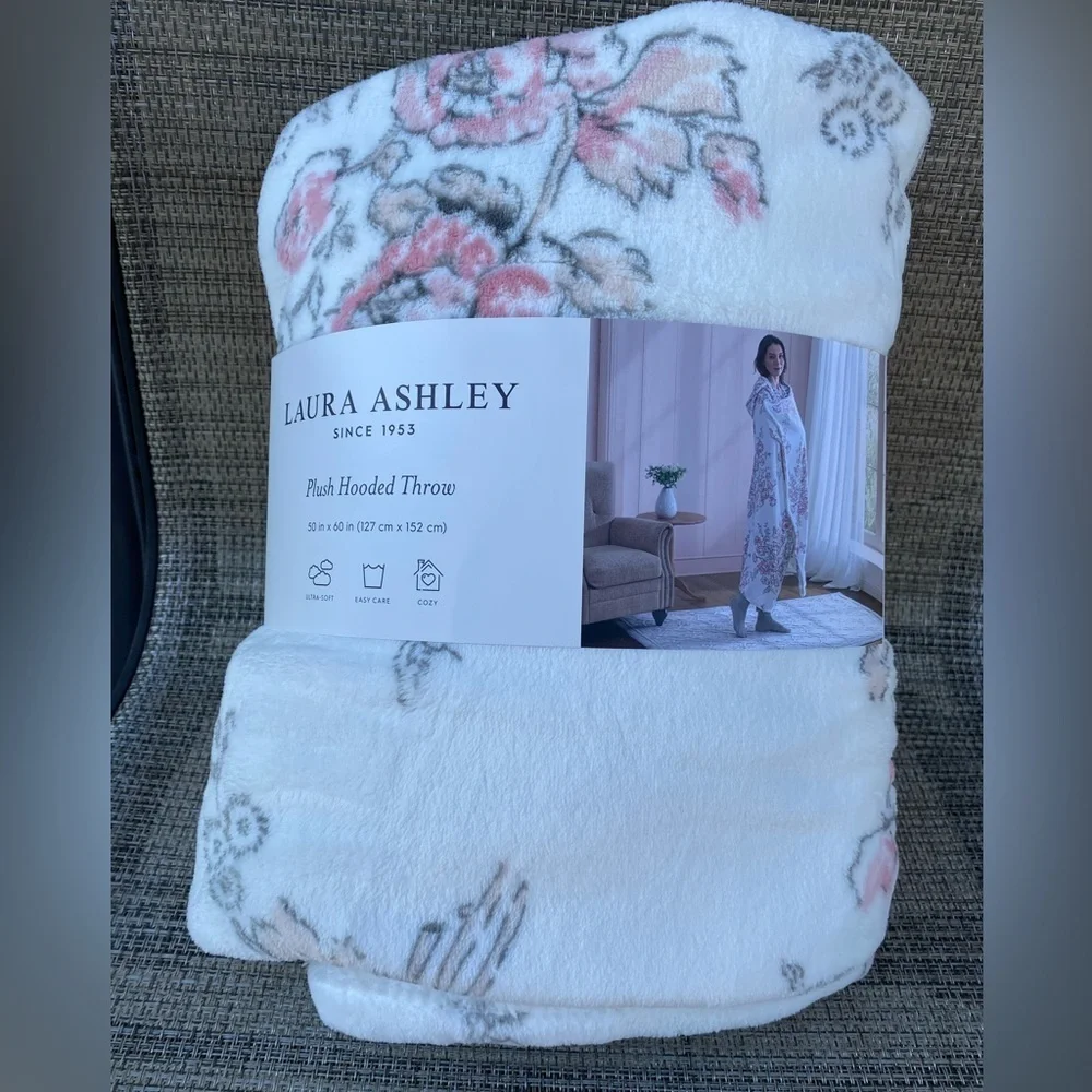 LAURA ASHLEY Pink Flowers Polyester Soft Plush Hooded Throw Blanket 50